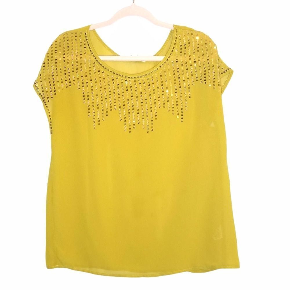 Umgee Mustard Yellow Sequined Crew Neck Blouse